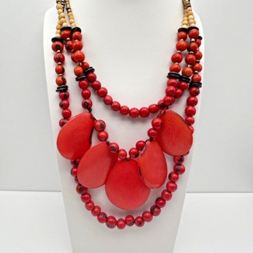Vintage 90s Red Tagua Nut Bead Statement Necklace Multi Strand Tribal Ethnic Y2K